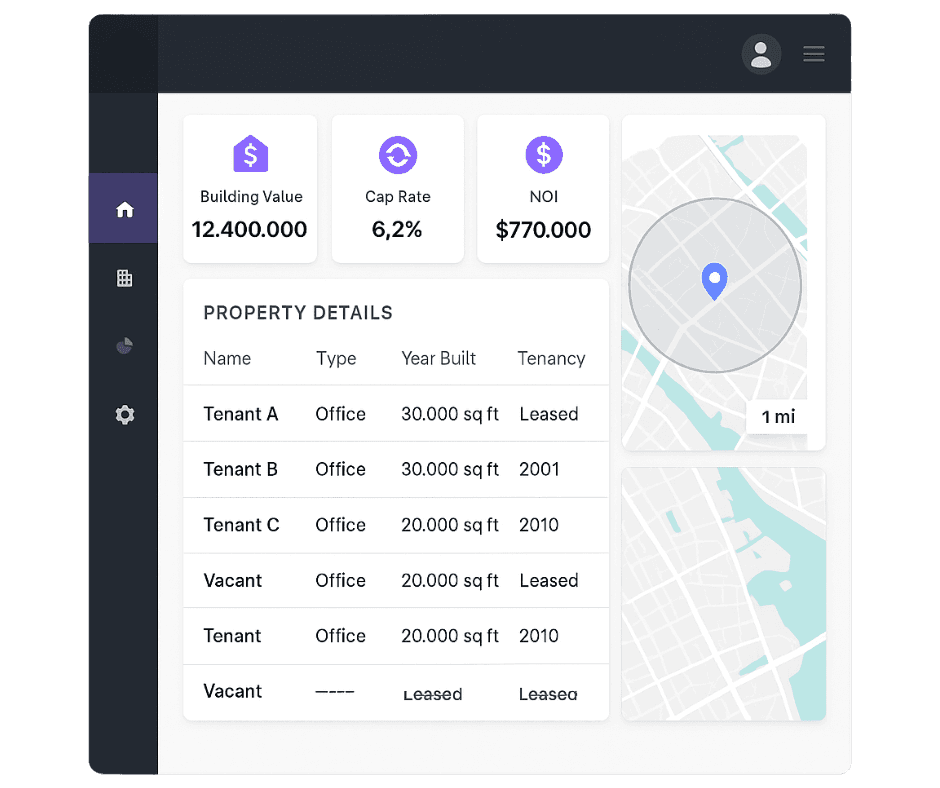 Property data interface mockup shown on a tablet device